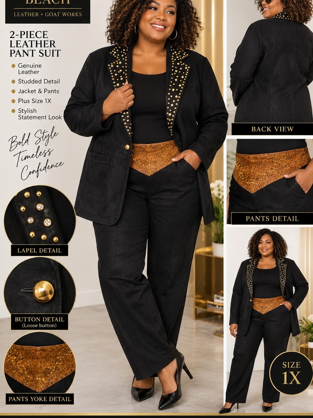 Atlantic Beach Leather + Goat Works Black Leather 2-Piece Pant Suit 1X Studded